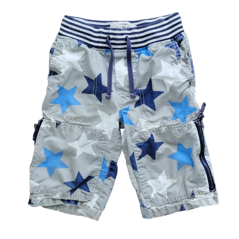Mini‎ Boden Boys Blue Grey White Stars Techno Cargo Shorts Drawstring Waist 5Y